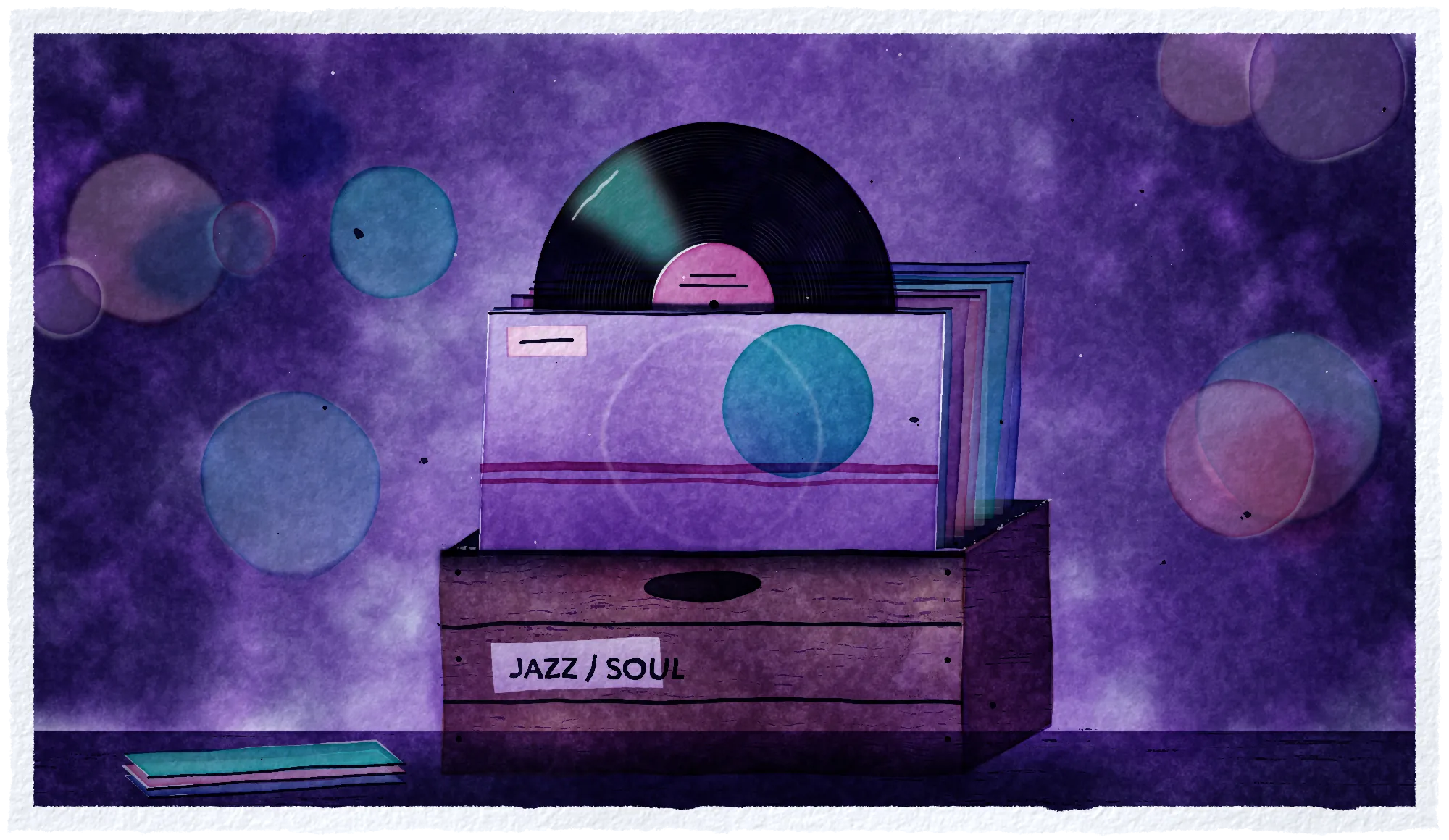 Акварель: деревянный ящик с пластинками и бумажным ярлыком JAZZ / SOUL, одна чёрная пластинка наполовину вытащена из конверта, на фоне размытые пятна света